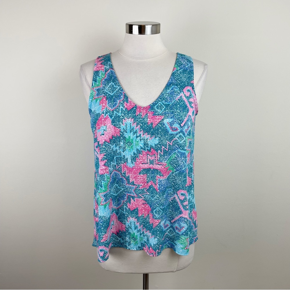 Caramela Blue Pink Aztec Geometric Top Women Medium Casual Summer